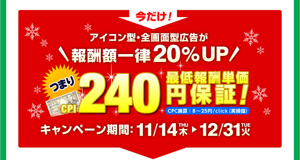 アイコン型・全画面型広告が報酬額一律20%UP！つまり最低報酬単価240円保証!CPC換算：8～25円/click（実績値）キャンペーン期間：11/14〜12/31