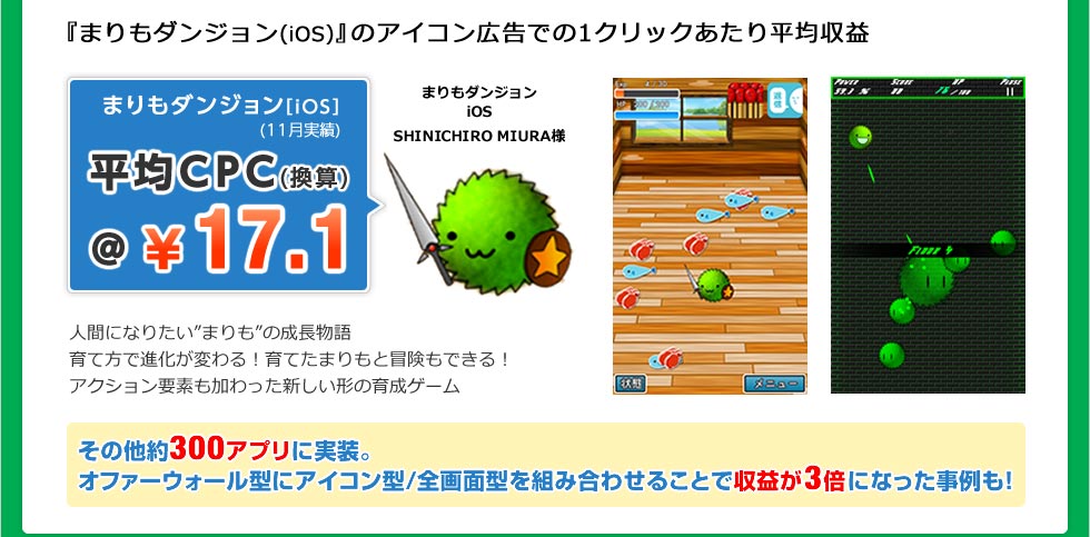 まりもダンジョン（iOS）のアイコン広告での1クリックあたり平均収益